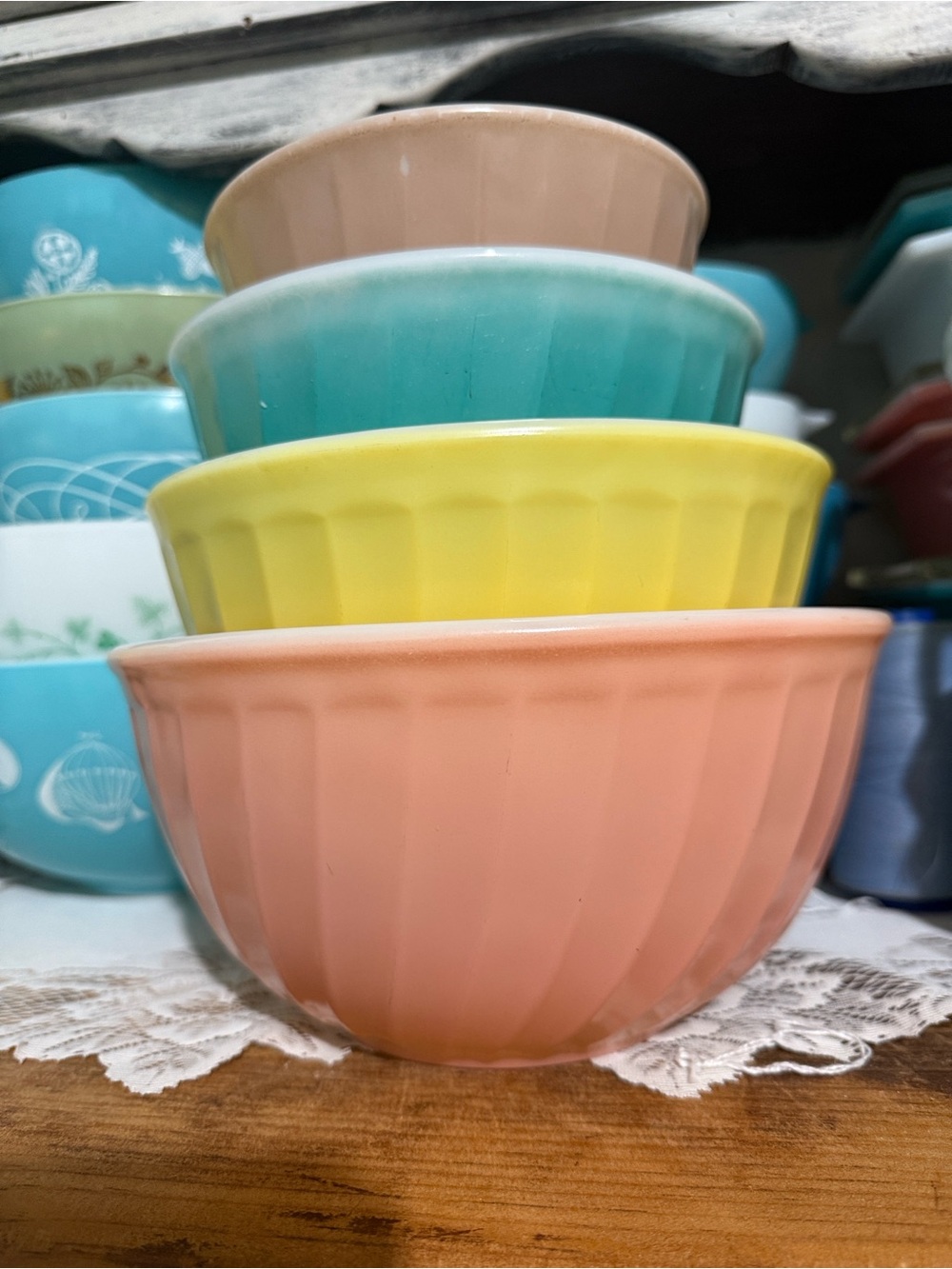 Vintage Fire King Rainbow swirl mixing bowl set